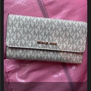 Michael Kors Beige MK Logo Continental Wallet with Rose Gold Hardware